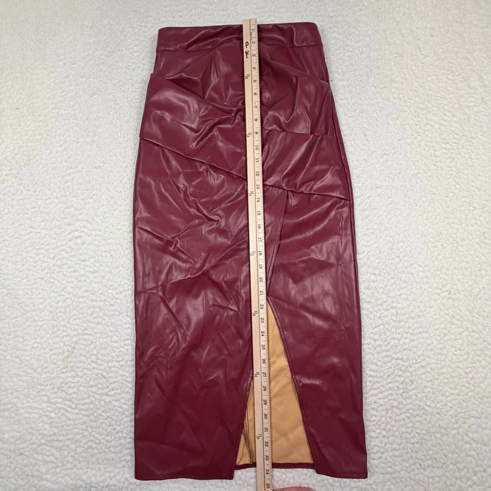 NWT Commense Faux Leather Midi Skirt Vegan‎ XS Burgundy Ruched Front Slit Pencil